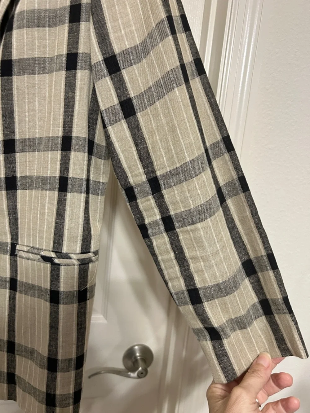 Laura Gayle Linen Black and Tan Plaid Single-Button Blazer Lightweight Summer - Picture 9 of 15